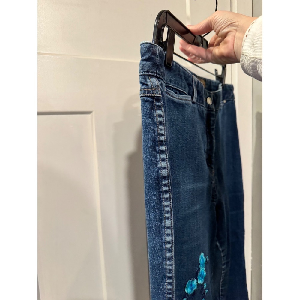 i.e. relaxed Dark Wash Floral Embroidered Straight Leg Jeans Teal Flowers sz 14 - Picture 8 of 15